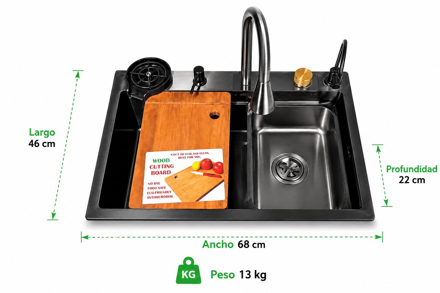 Medidas: 46 cm largo, 68 cm ancho, 22 cm profundidad, 13 kg